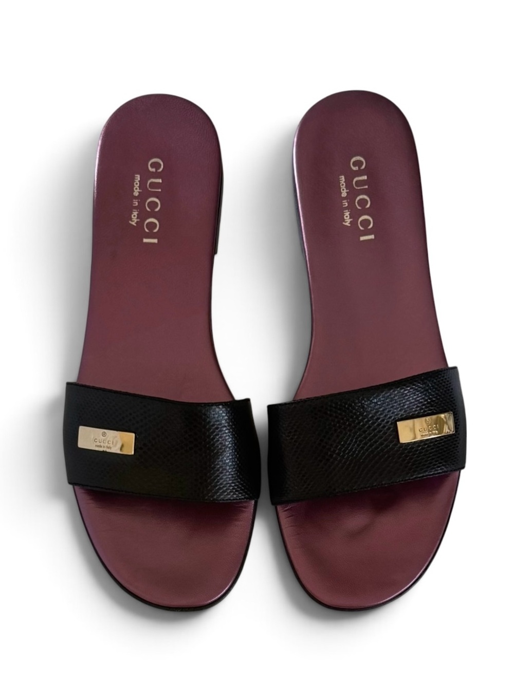 Gucci Tom Ford Black Snakeskin Leather Slide Sandals Metallic Cherry Size 7